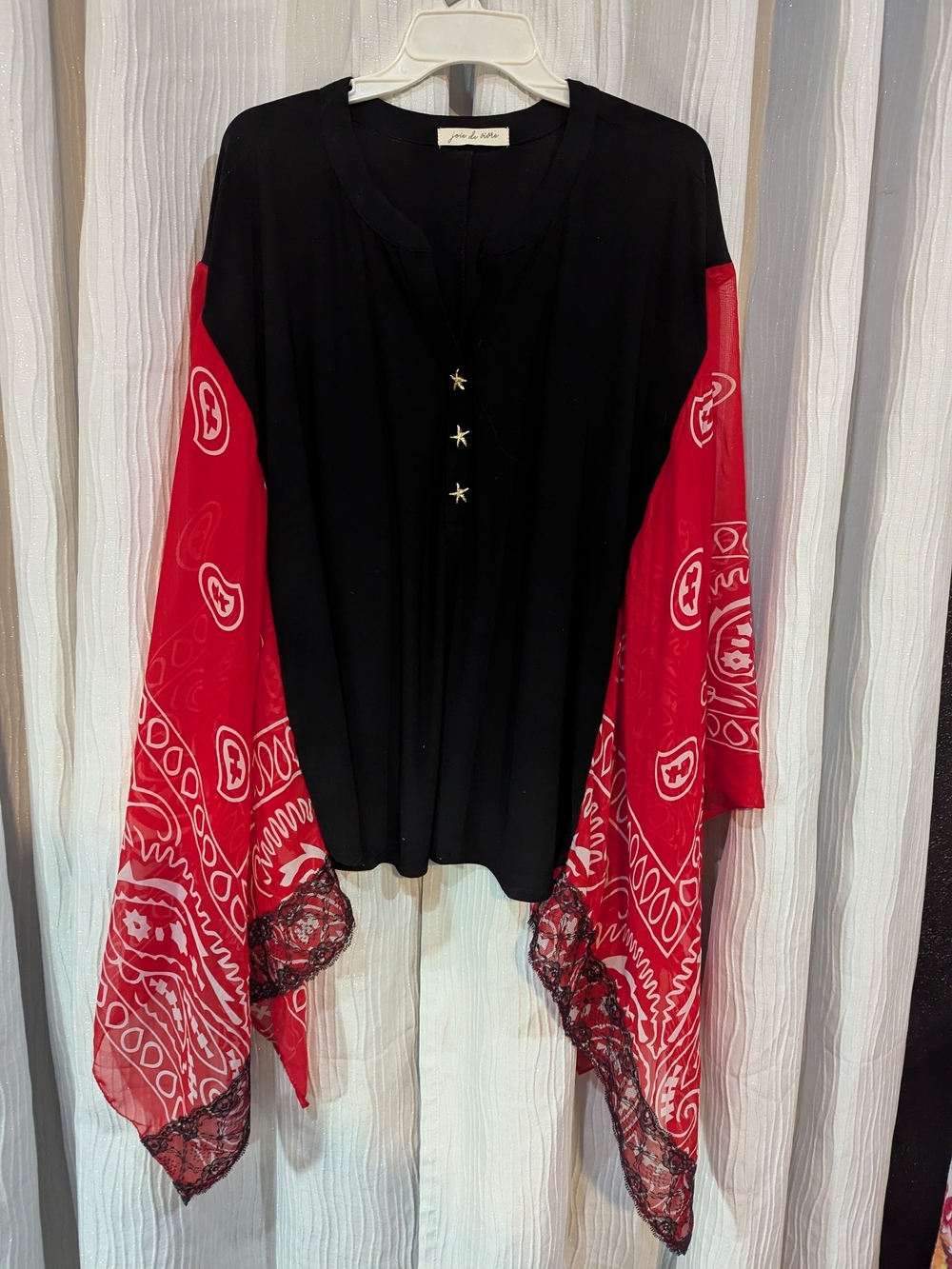 Black Tunic Poncho Top with Red Sheer Bandana Print Sleeves